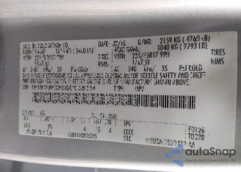 2016 Ford Escape Se из США, поврежденный, VIN 1FMCU9GX8GUC38234